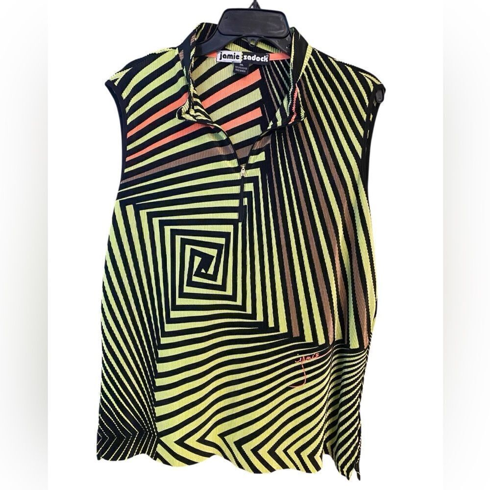 Jamie Sadock Sz 2XL Lime Green Orange Swirl Collared Pickleball Sleeveless Polo